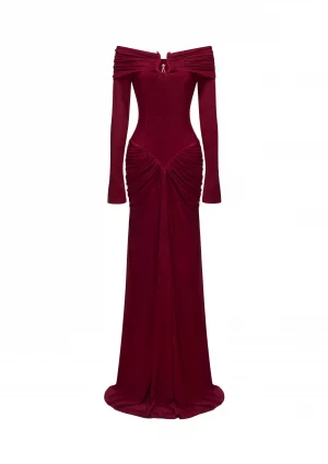 Ruched Velvet Off-Shoulder Dress in Burgundy