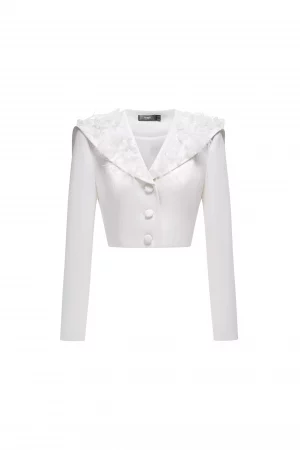 Textured Feather Off-Shoulder Crop Top in Ivory White