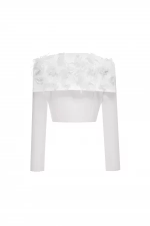 Alternative view of Textured Feather Off-Shoulder Crop Top in Ivory White