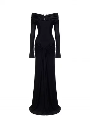 Ruched Velvet Off-Shoulder Dress in Black