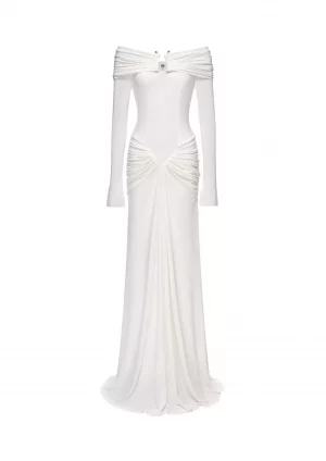 Ruched Velvet Off-Shoulder Dress in White